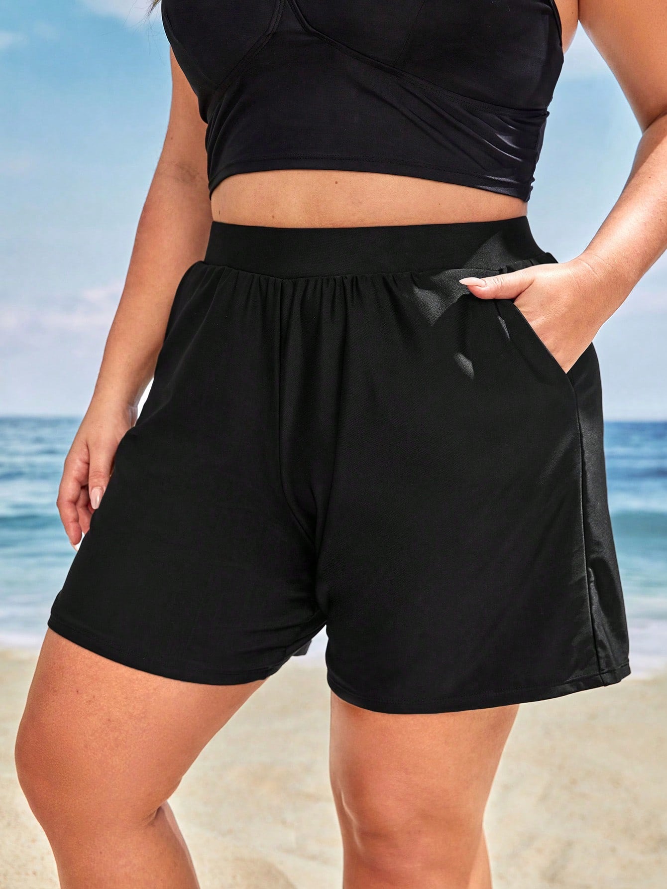 Swim Vcay Summer Beach Plus Solid Slant Pocket Shorts