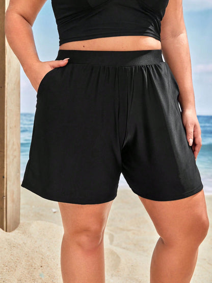 Swim Vcay Summer Beach Plus Solid Slant Pocket Shorts