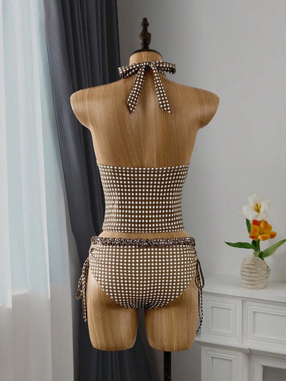 Swim Vcay Summer Women Tankinis 2 Pieces Set, Coffee Plaid Print Ruffle Halter Neck Tie Top, Drawstring Side Ruched Bikini Bottom Swimwear