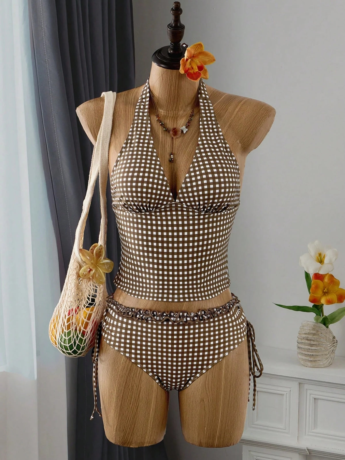 Swim Vcay Summer Women Tankinis 2 Pieces Set, Coffee Plaid Print Ruffle Halter Neck Tie Top, Drawstring Side Ruched Bikini Bottom Swimwear