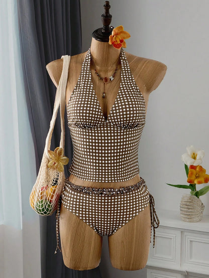 Swim Vcay Summer Women Tankinis 2 Pieces Set, Coffee Plaid Print Ruffle Halter Neck Tie Top, Drawstring Side Ruched Bikini Bottom Swimwear