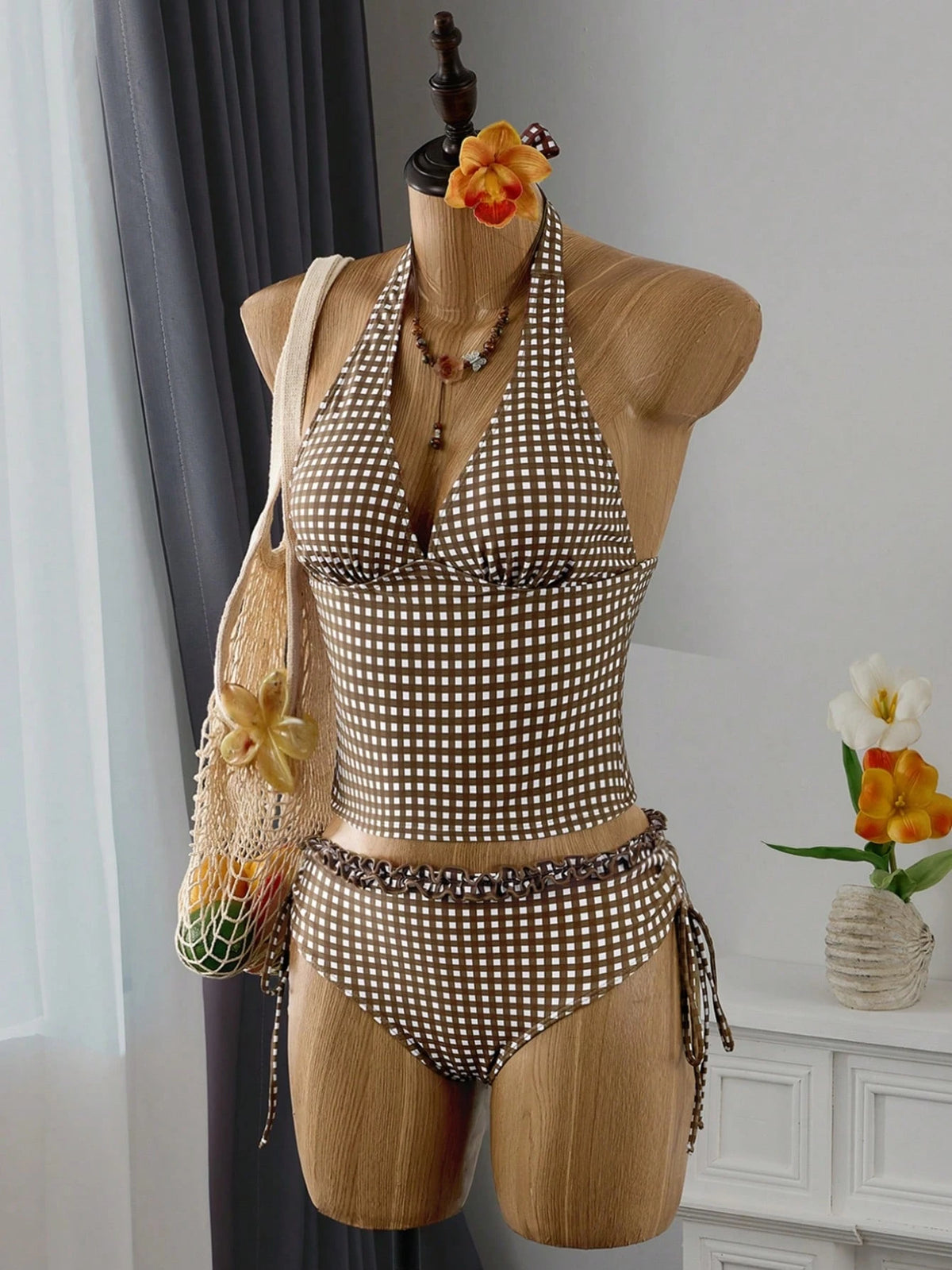 Swim Vcay Summer Women Tankinis 2 Pieces Set, Coffee Plaid Print Ruffle Halter Neck Tie Top, Drawstring Side Ruched Bikini Bottom Swimwear