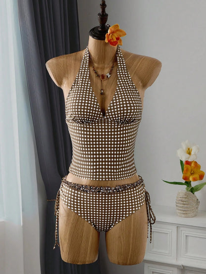 Swim Vcay Summer Women Tankinis 2 Pieces Set, Coffee Plaid Print Ruffle Halter Neck Tie Top, Drawstring Side Ruched Bikini Bottom Swimwear
