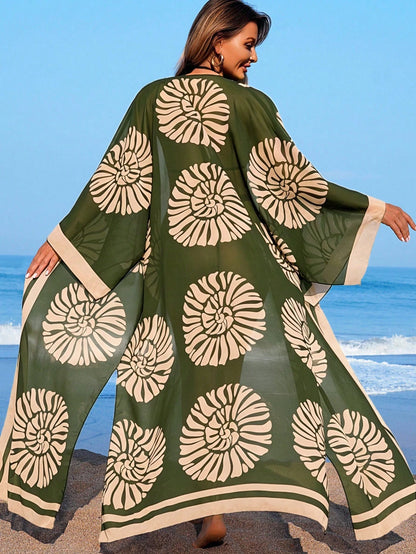 Swim Vcay Women's Beach Chiffon Printed Long Sleeve Loose Oversized Long Cover Up Dress Cover-Up