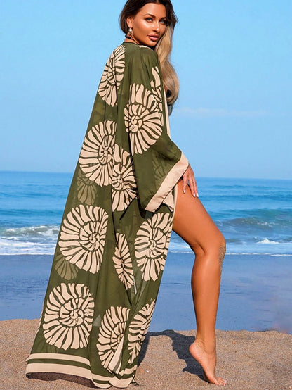 Swim Vcay Women's Beach Chiffon Printed Long Sleeve Loose Oversized Long Cover Up Dress Cover-Up