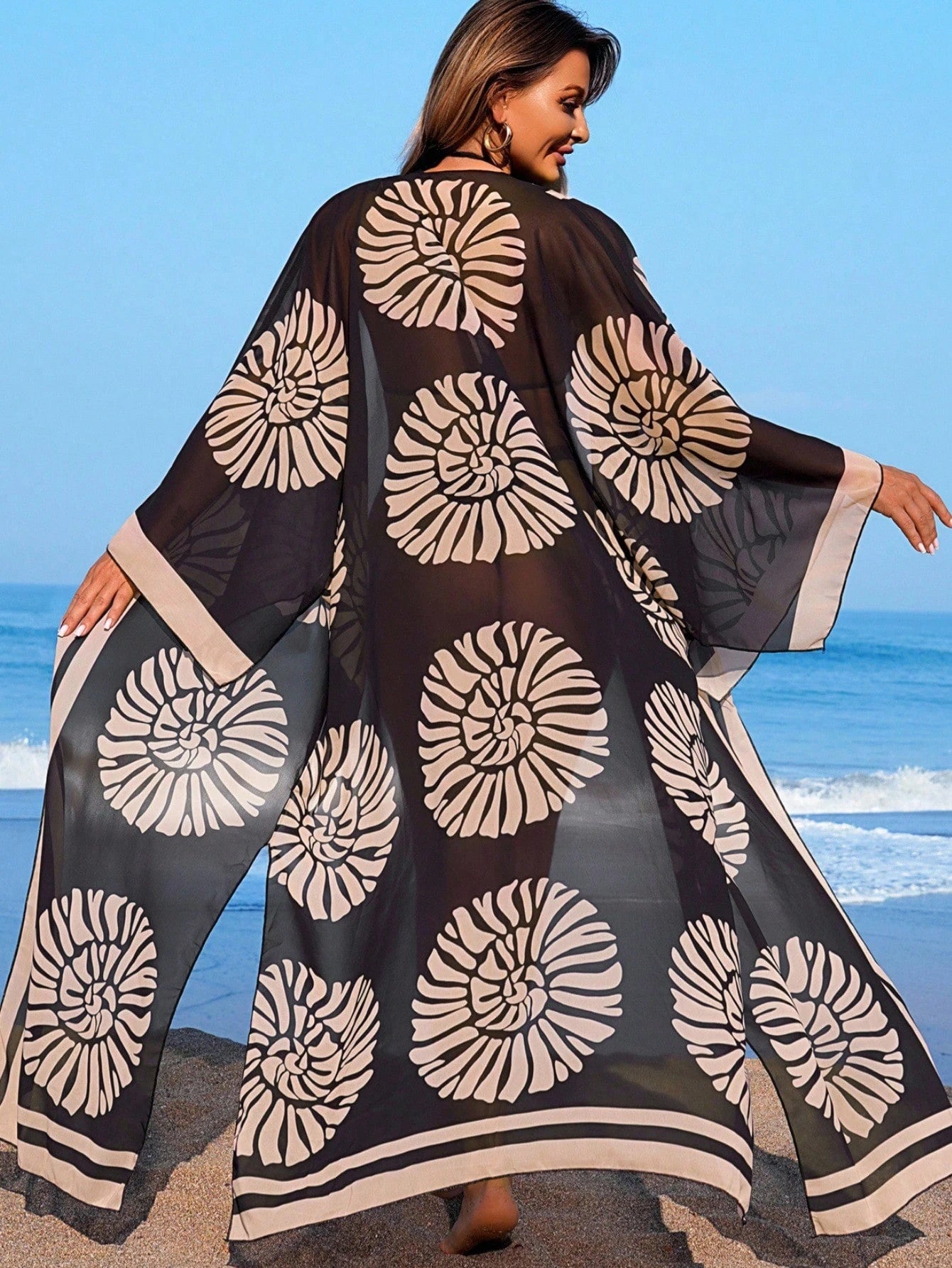 Swim Vcay Women's Beach Chiffon Printed Long Sleeve Loose Oversized Long Cover Up Dress Cover-Up