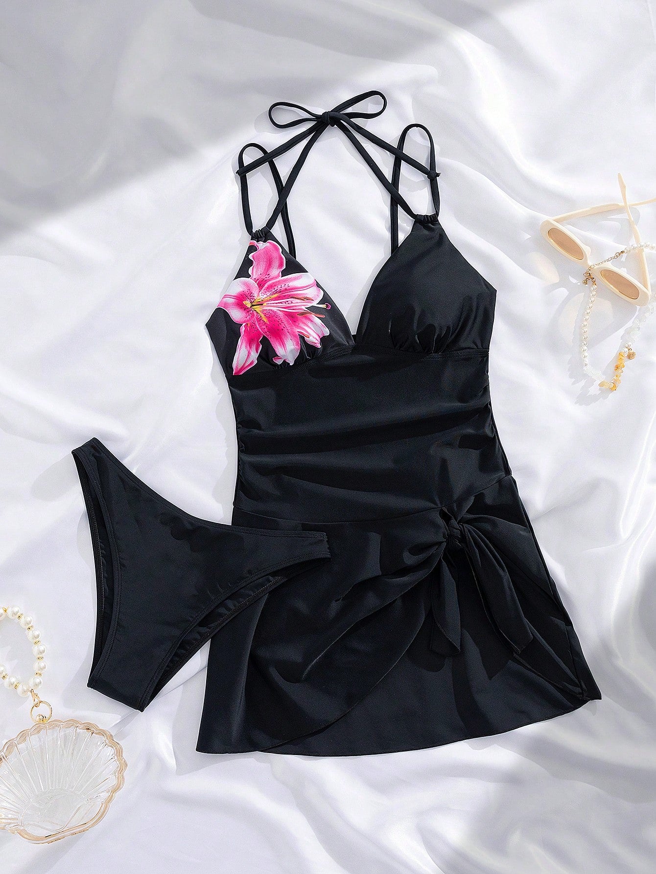 Swim Vcay Women's Black Floral Print Patchwork Bikini Set, Elegant, Form-Fitting, Sexy Retro Casual High Waisted Two Pieces Swimsuit For Summer Beach Vacation