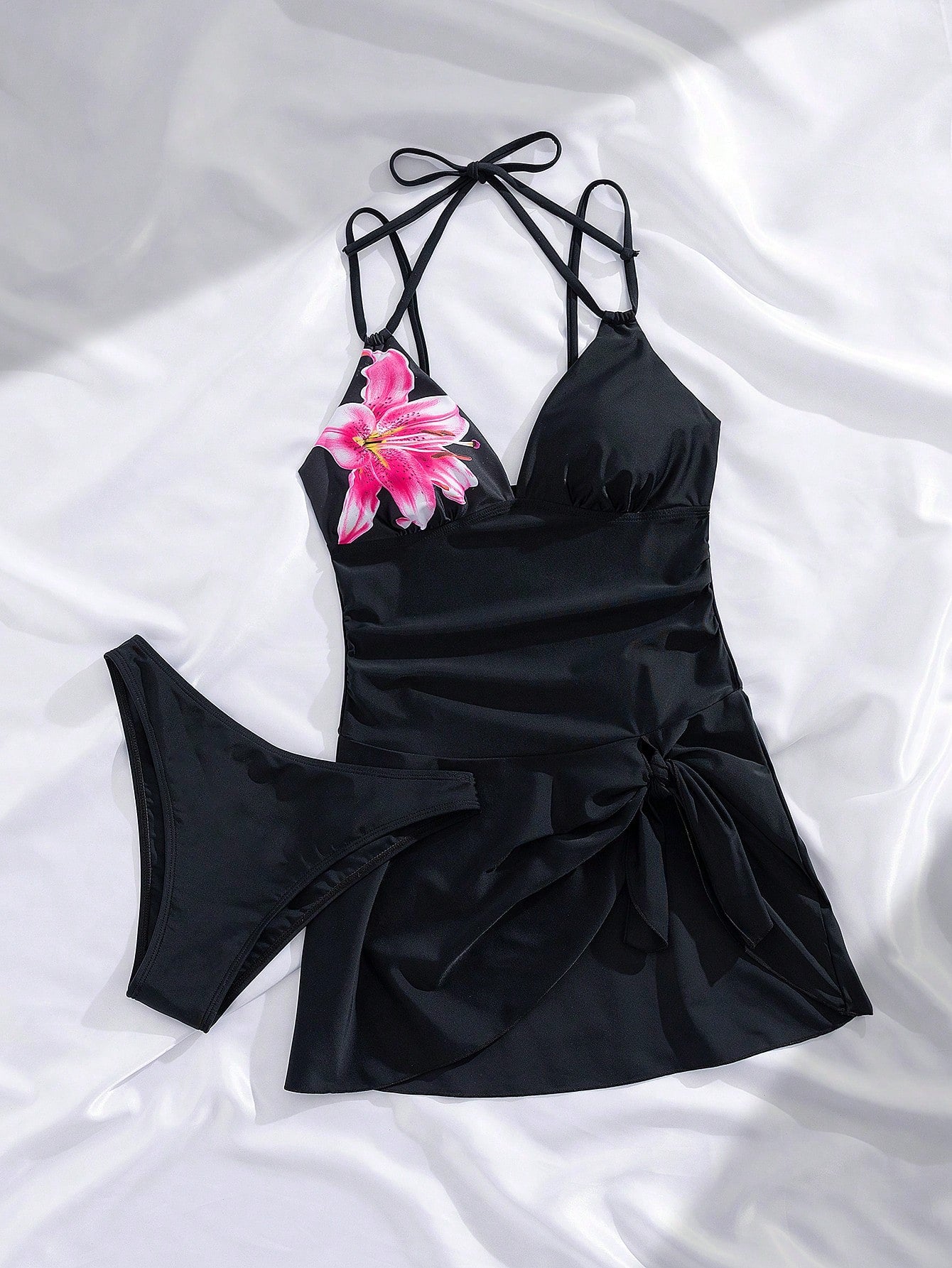 Swim Vcay Women's Black Floral Print Patchwork Bikini Set, Elegant, Form-Fitting, Sexy Retro Casual High Waisted Two Pieces Swimsuit For Summer Beach Vacation