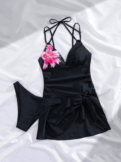 Swim Vcay Women's Black Floral Print Patchwork Bikini Set, Elegant, Form-Fitting, Sexy Retro Casual High Waisted Two Pieces Swimsuit For Summer Beach Vacation