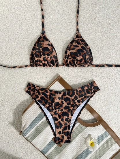 Swim Vcay Women's Leopard Print Bikini Set,Chocolate Brown High Cut 2-Piece Swimwear Halter Neck Spaghetti Strap Summer Casual Beach Holiday Vacation Holiday