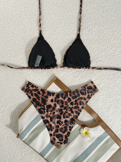 Swim Vcay Women's Leopard Print Bikini Set,Chocolate Brown High Cut 2-Piece Swimwear Halter Neck Spaghetti Strap Summer Casual Beach Holiday Vacation Holiday