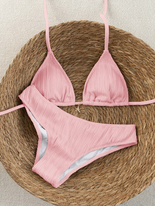 Swim Vcay Women's Pink Summer Casual Beach Holiday Vacation Holiday Spaghetti Strap Halter Neck High Cut Bikini Swimwear 2-Piece Set Modest High Leg Bikini