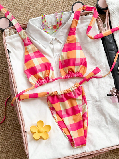 Swim Vcay Women's Plaid Print Triangle Cup Tie Halter Bow Sexy Bikini High Leg Two-Piece Swimsuit Set