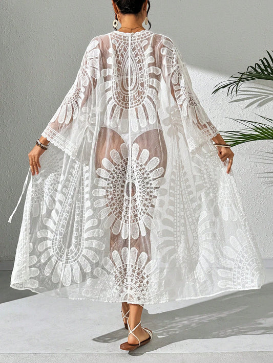 Swim Vcay Women's Resort Floral Printed Sheer Kimono Cover Up With Drop Shoulder For Summer Beach Vacation