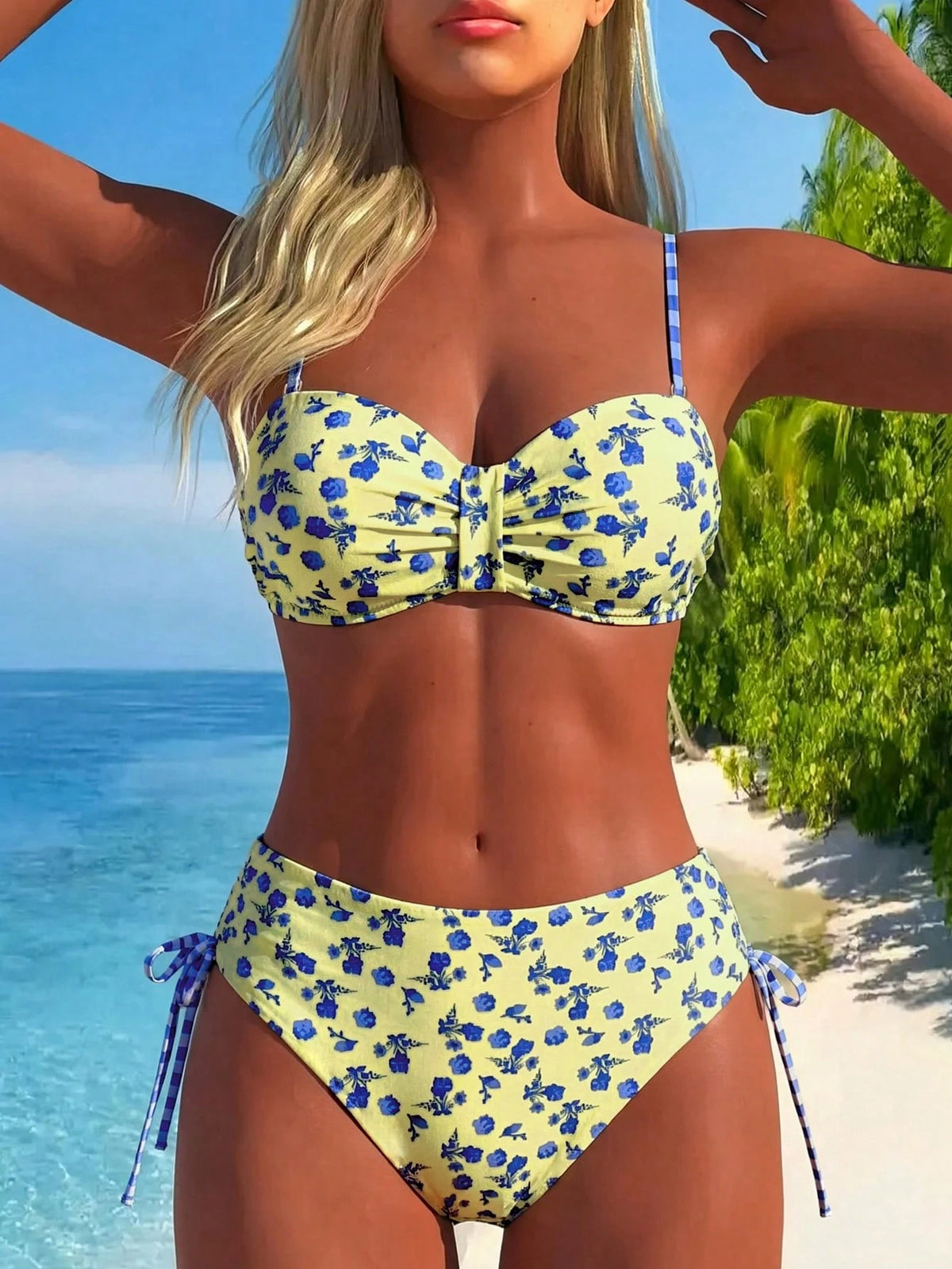 Swim Vcay Women's Summer Beach Blue Floral & Plaid Pattern Underwire Ruffled Bandeau Bikini Top Paired With High Waist Side Drawstring Bottoms Bikini Set Set