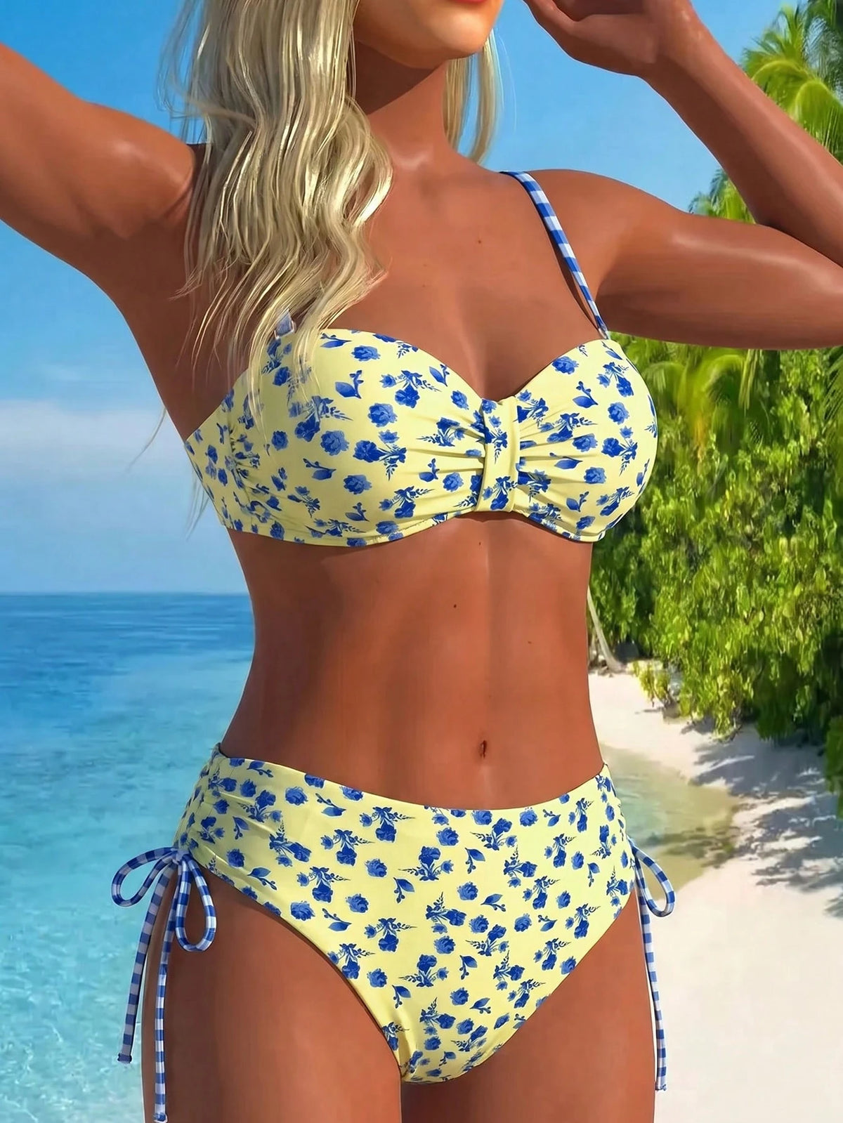 Swim Vcay Women's Summer Beach Blue Floral & Plaid Pattern Underwire Ruffled Bandeau Bikini Top Paired With High Waist Side Drawstring Bottoms Bikini Set Set