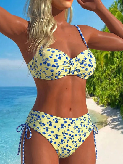 Swim Vcay Women's Summer Beach Blue Floral & Plaid Pattern Underwire Ruffled Bandeau Bikini Top Paired With High Waist Side Drawstring Bottoms Bikini Set Set