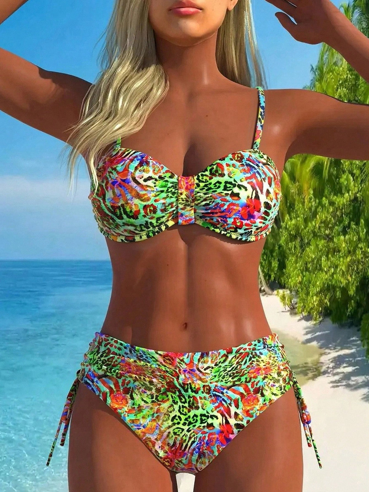 Swim Vcay Women's Summer Beach Blue Floral & Plaid Pattern Underwire Ruffled Bandeau Bikini Top Paired With High Waist Side Drawstring Bottoms Bikini Set Set