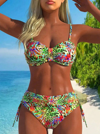 Swim Vcay Women's Summer Beach Blue Floral & Plaid Pattern Underwire Ruffled Bandeau Bikini Top Paired With High Waist Side Drawstring Bottoms Bikini Set Set