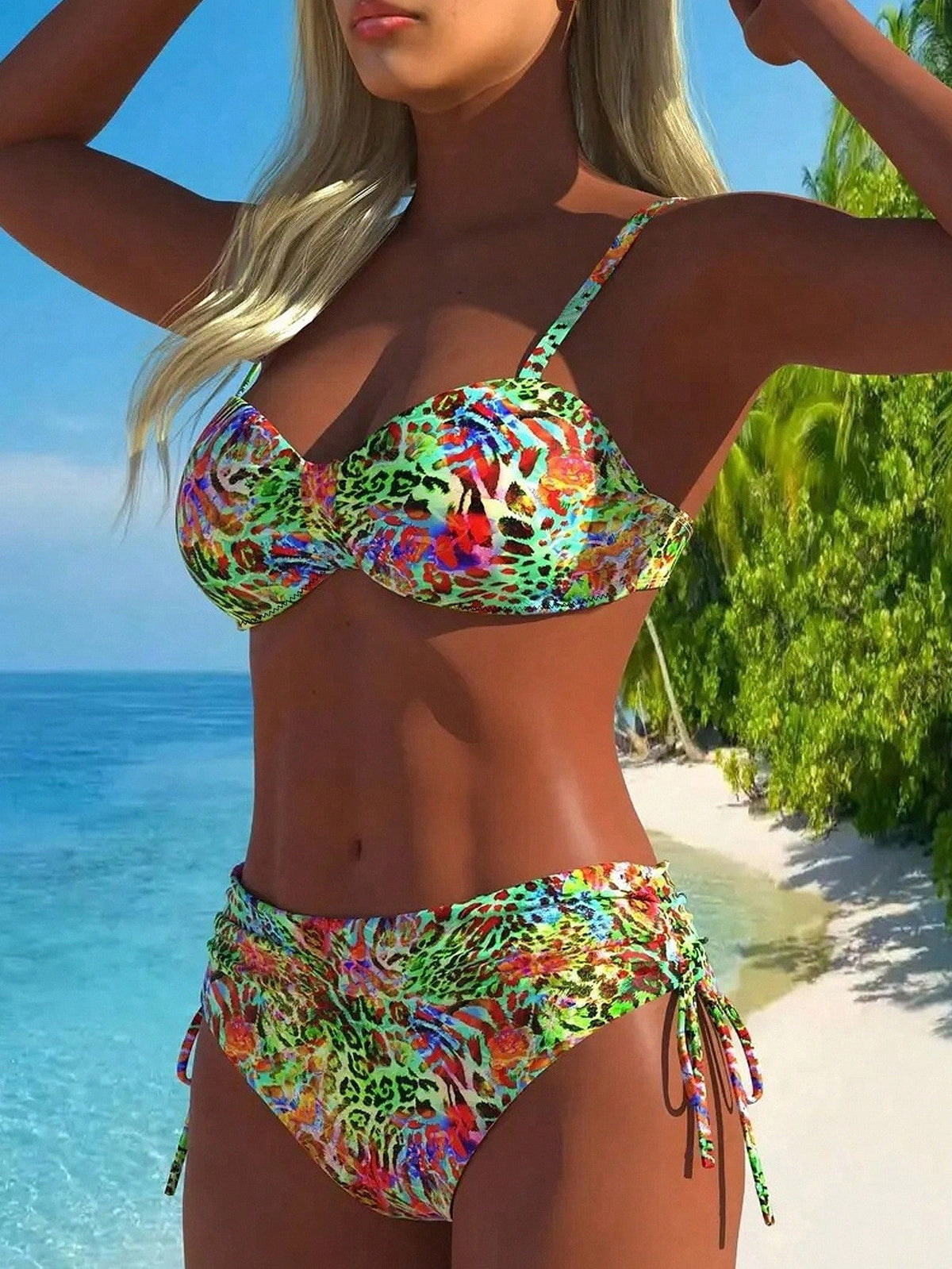 Swim Vcay Women's Summer Beach Blue Floral & Plaid Pattern Underwire Ruffled Bandeau Bikini Top Paired With High Waist Side Drawstring Bottoms Bikini Set Set