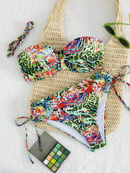 Swim Vcay Women's Summer Beach Blue Floral & Plaid Pattern Underwire Ruffled Bandeau Bikini Top Paired With High Waist Side Drawstring Bottoms Bikini Set Set