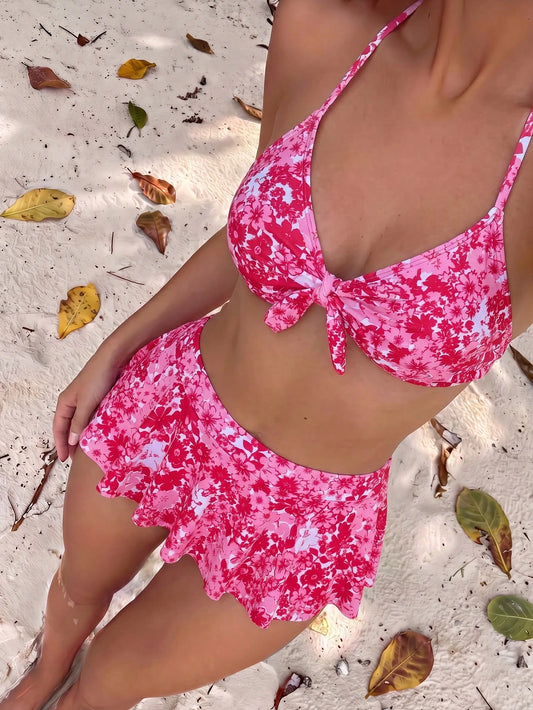 Swim Vcay Women's Summer Beach Floral Print Front Knot Halter Bikini Set