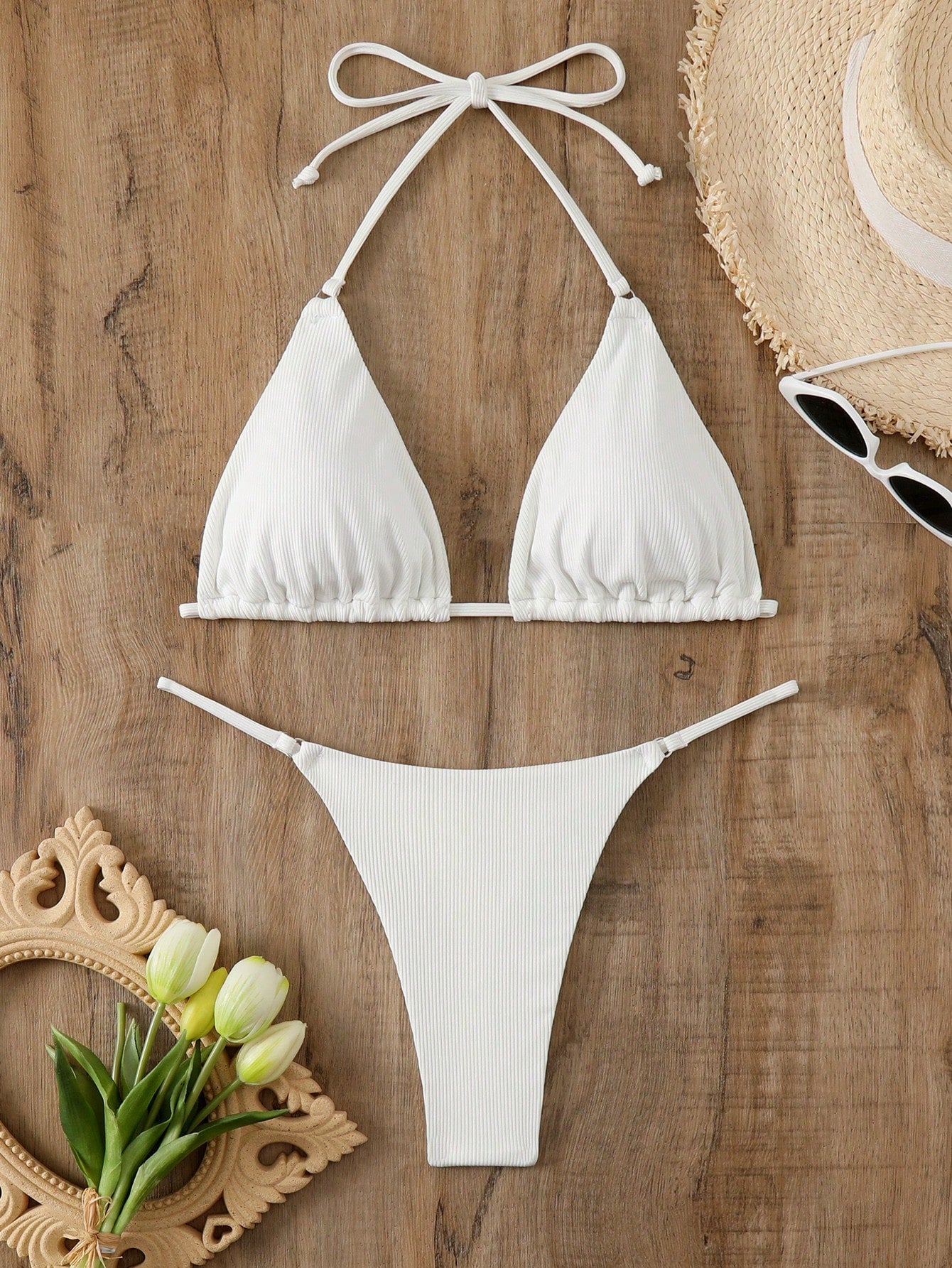 Swim Vcay Women's Summer Beach Solid Color Halter Neck Bikini Set With Separated Bikini Set