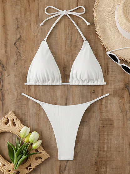 Swim Vcay Women's Summer Beach Solid Color Halter Neck Bikini Set With Separated Bikini Set
