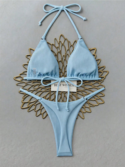 Swim Vcay Women's Summer Beach Solid Color Halter Neck Bikini Set With Separated Bikini Set