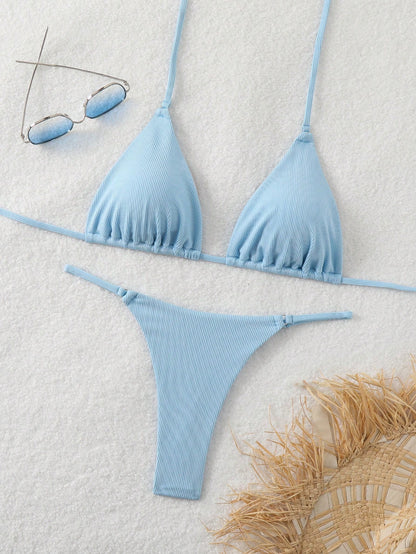 Swim Vcay Women's Summer Beach Solid Color Halter Neck Bikini Set With Separated Bikini Set