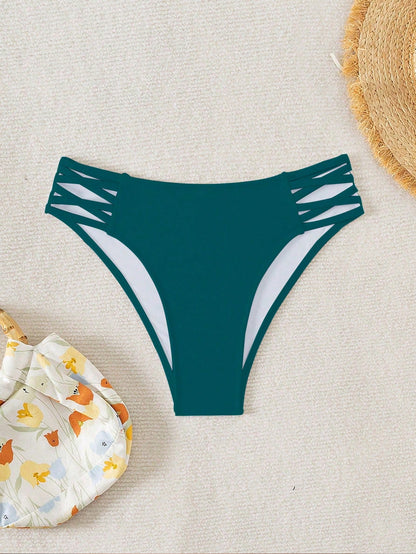 Swim Vcay Women's Summer Beach Solid Color Side Hollow Design Bikini Bottom
