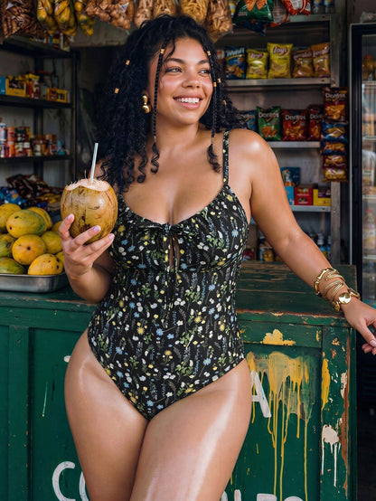 Swim Vcay Women's Summer Boho Floral Tie-Front One-Piece Swimsuit,Black Plus Size Sleeveless Retro Beach Holiday One-Piece Swimsuit Style Bikini Outfit,2026 New Fashion