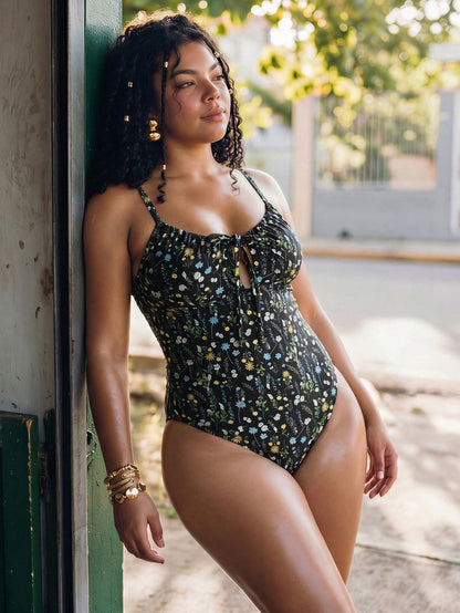 Swim Vcay Women's Summer Boho Floral Tie-Front One-Piece Swimsuit,Black Plus Size Sleeveless Retro Beach Holiday One-Piece Swimsuit Style Bikini Outfit,2026 New Fashion