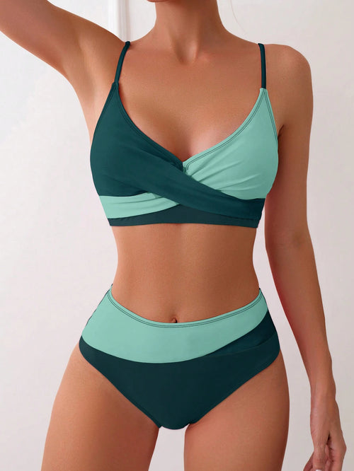 Swim Women's Summer Beach Colorblock Sexy Cross Front Bikini Set