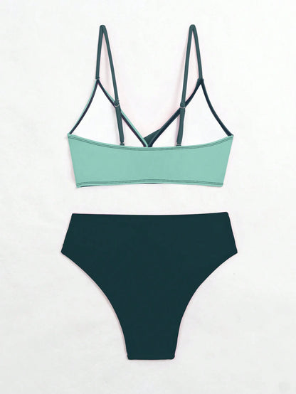 Swim Women's Summer Beach Colorblock Sexy Cross Front Bikini Set