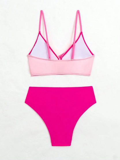 Swim Women's Summer Beach Colorblock Sexy Cross Front Bikini Set