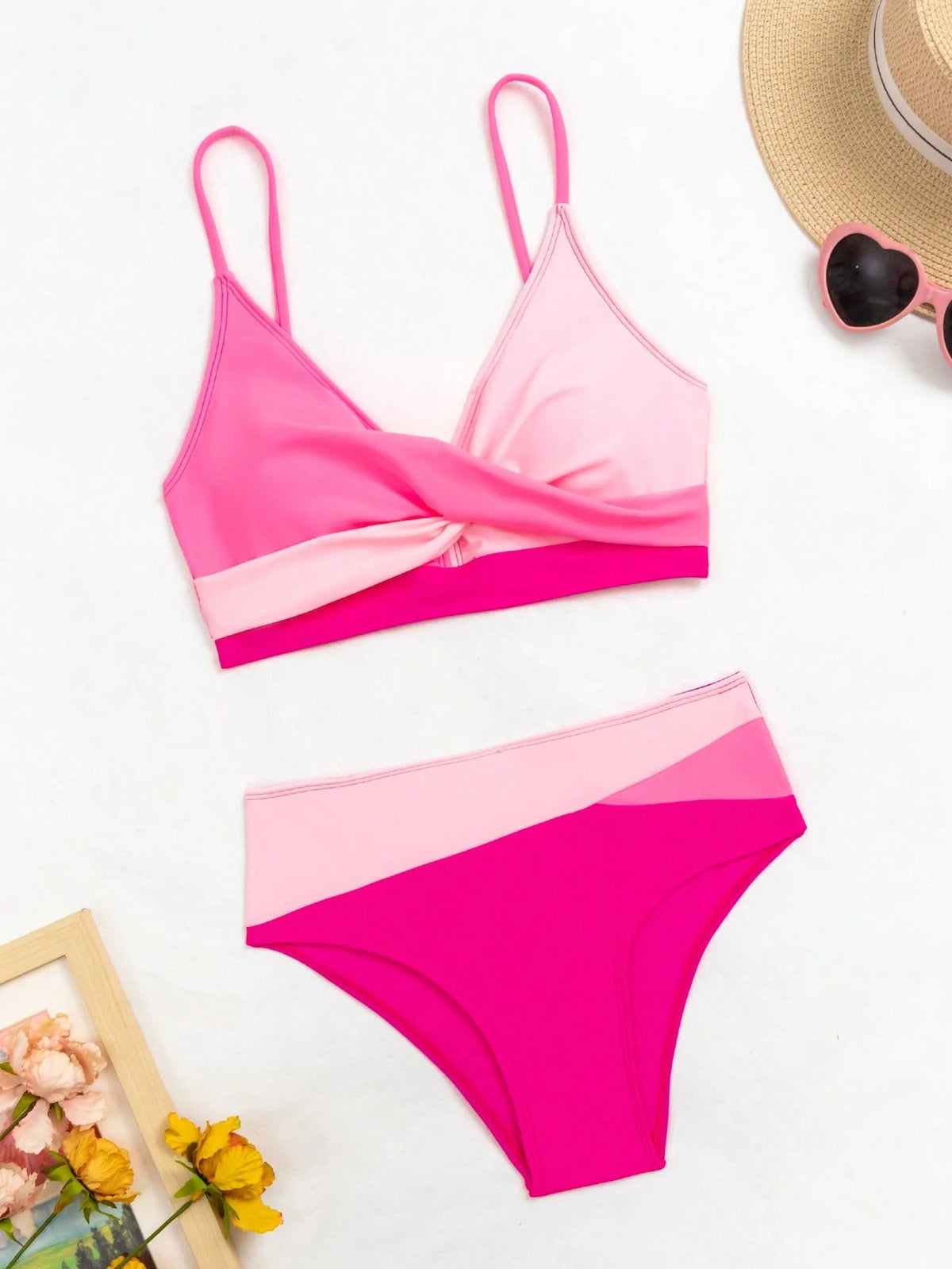 Swim Women's Summer Beach Colorblock Sexy Cross Front Bikini Set
