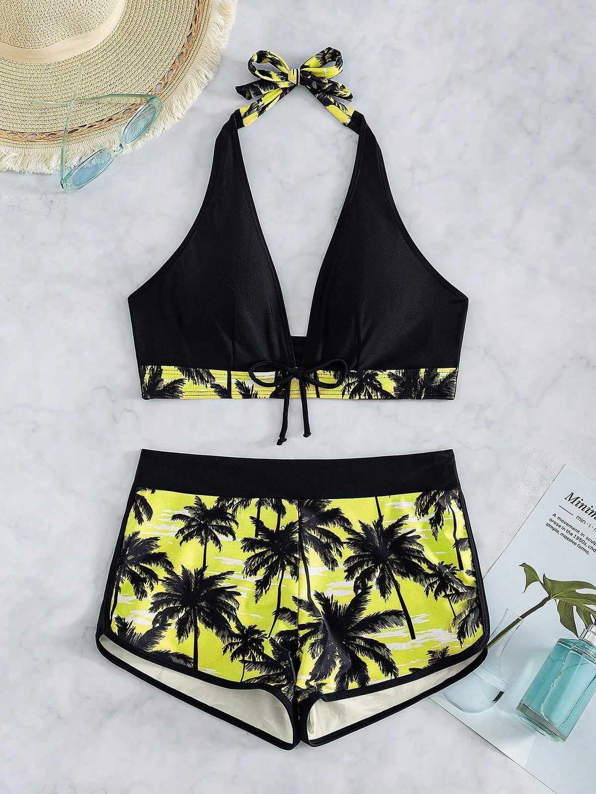Swim Women's Vacation Bow Halter Tie Top And Coconut Tree Print Shorts Two-Piece Swimsuit Set (Random Print)