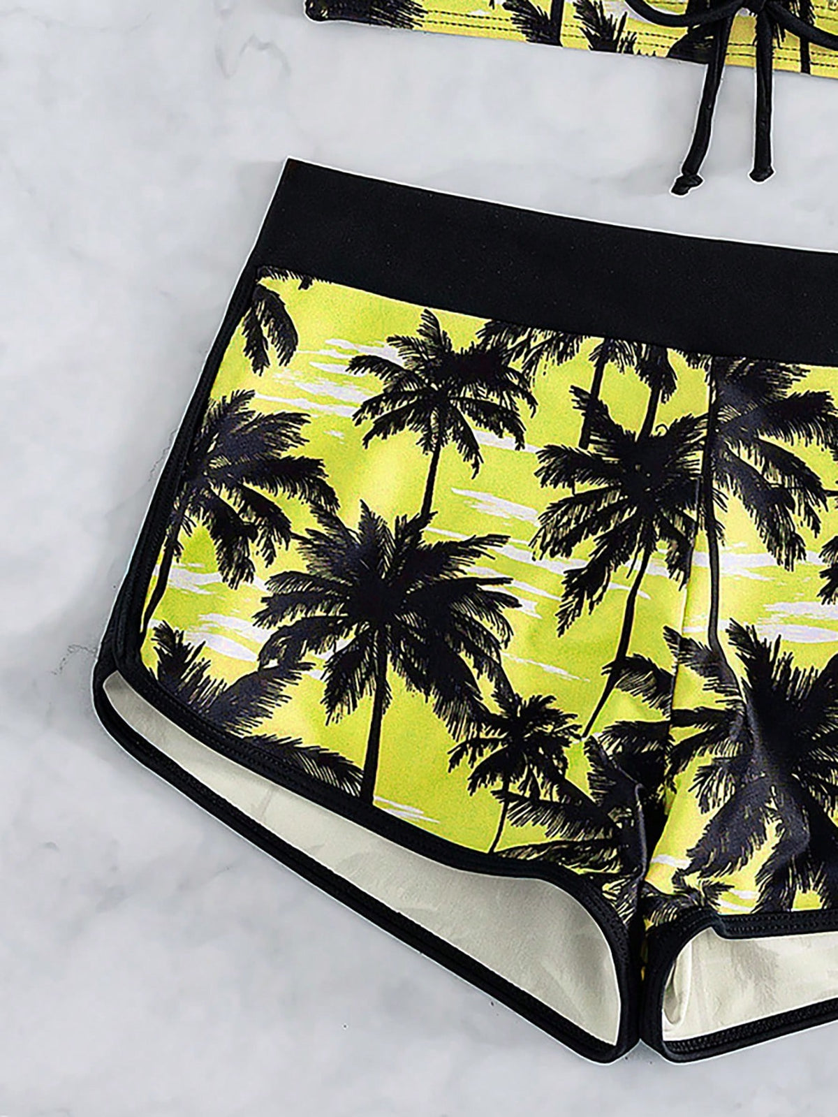 Swim Women's Vacation Bow Halter Tie Top And Coconut Tree Print Shorts Two-Piece Swimsuit Set (Random Print)