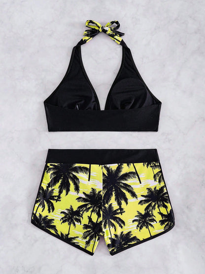 Swim Women's Vacation Bow Halter Tie Top And Coconut Tree Print Shorts Two-Piece Swimsuit Set (Random Print)