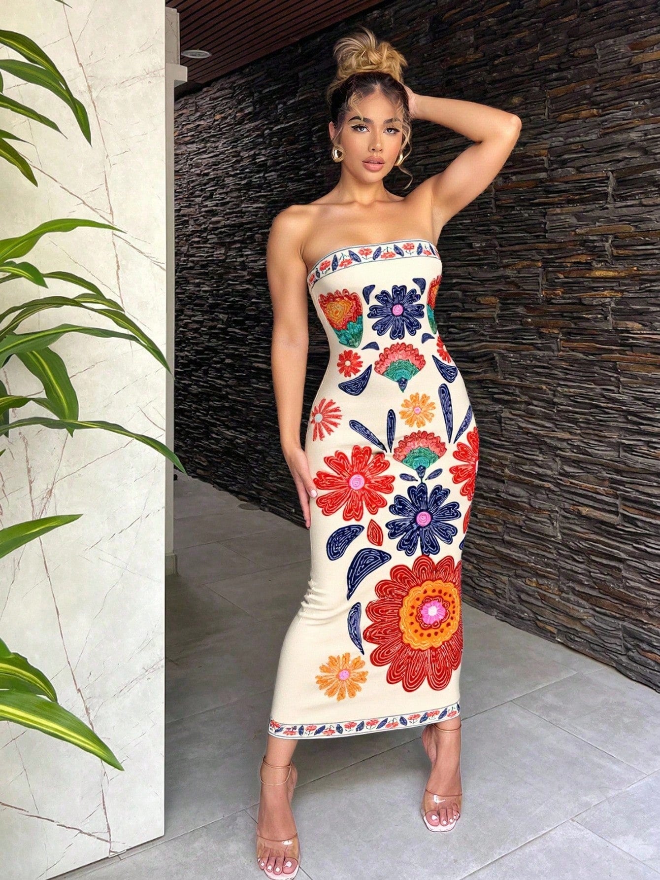 SXY Bohemian Floral Print Maxi Beach Vacation Casual Dress For Women Summer Sundresses Tube Midi Boho Clothes Chic Cream