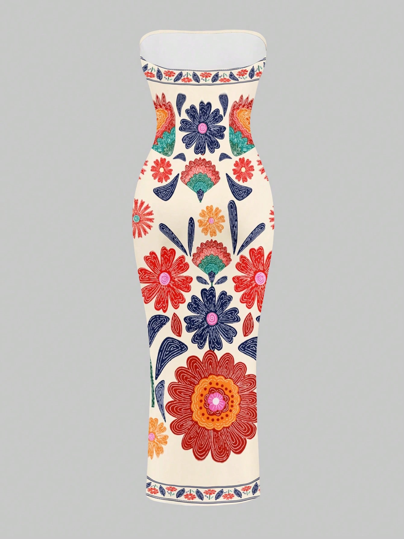 SXY Bohemian Floral Print Maxi Beach Vacation Casual Dress For Women Summer Sundresses Tube Midi Boho Clothes Chic Cream