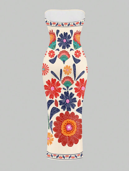 SXY Bohemian Floral Print Maxi Beach Vacation Casual Dress For Women Summer Sundresses Tube Midi Boho Clothes Chic Cream