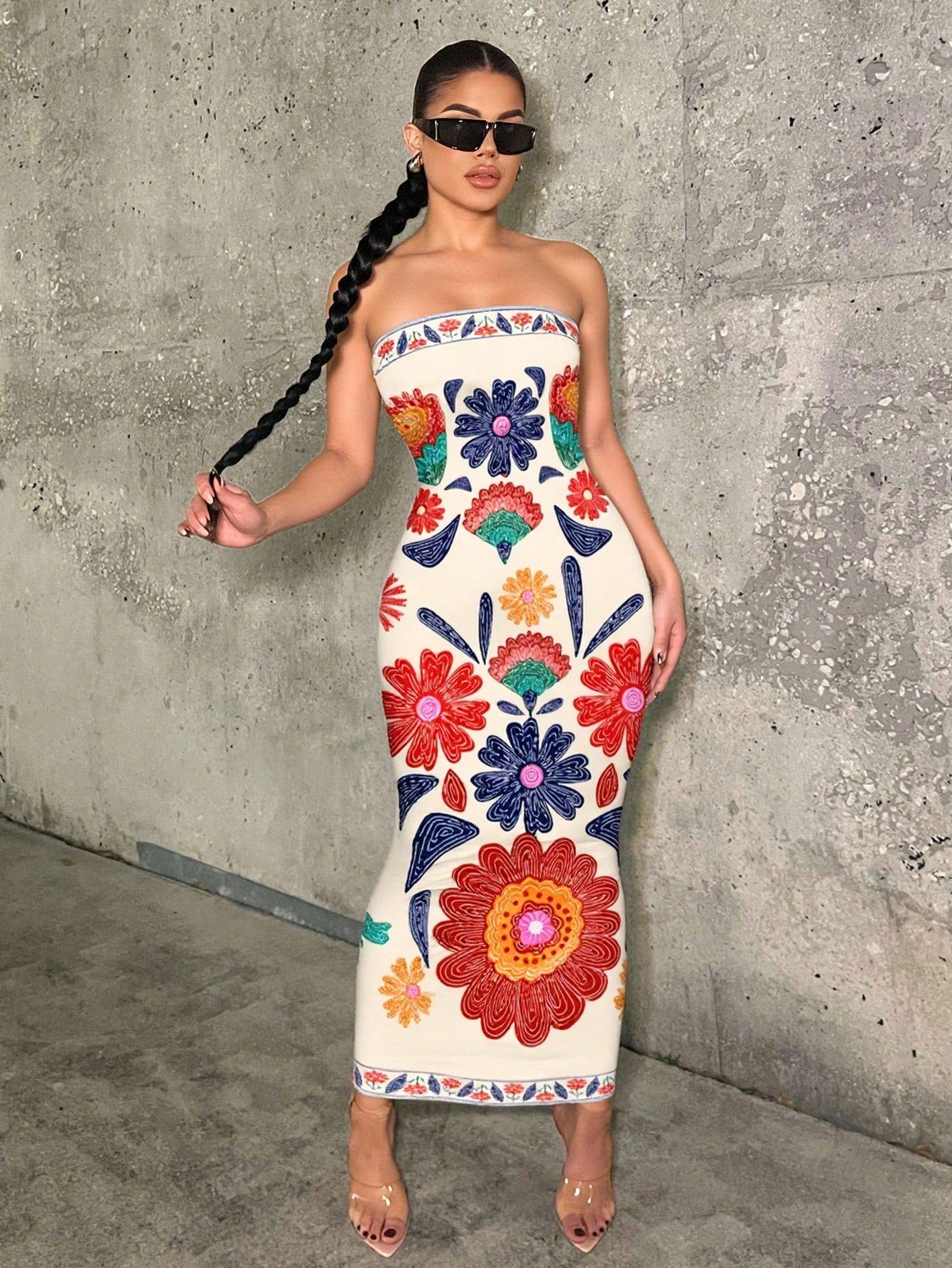 SXY Bohemian Floral Print Maxi Beach Vacation Casual Dress For Women Summer Sundresses Tube Midi Boho Clothes Chic Cream