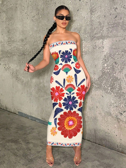 SXY Bohemian Floral Print Maxi Beach Vacation Casual Dress For Women Summer Sundresses Tube Midi Boho Clothes Chic Cream