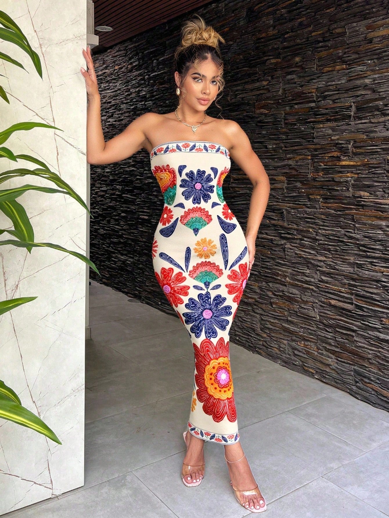 SXY Bohemian Floral Print Maxi Beach Vacation Casual Dress For Women Summer Sundresses Tube Midi Boho Clothes Chic Cream