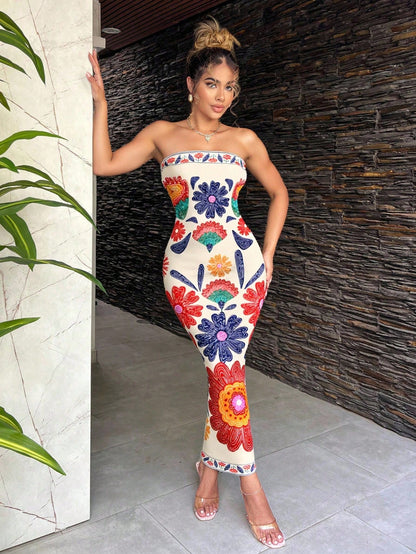 SXY Bohemian Floral Print Maxi Beach Vacation Casual Dress For Women Summer Sundresses Tube Midi Boho Clothes Chic Cream