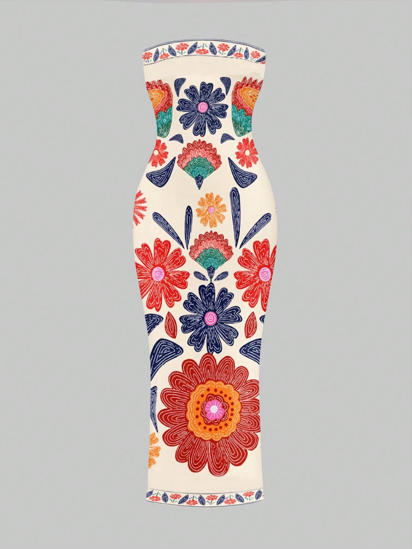 SXY Bohemian Floral Print Maxi Beach Vacation Casual Dress For Women Summer Sundresses Tube Midi Boho Clothes Chic Cream