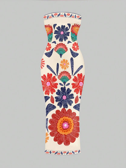 SXY Bohemian Floral Print Maxi Beach Vacation Casual Dress For Women Summer Sundresses Tube Midi Boho Clothes Chic Cream