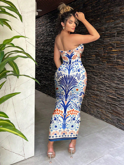 SXY Bohemian Floral Print Maxi Beach Vacation Casual Dress For Women Summer Sundresses Tube Midi Boho Clothes Chic Cream